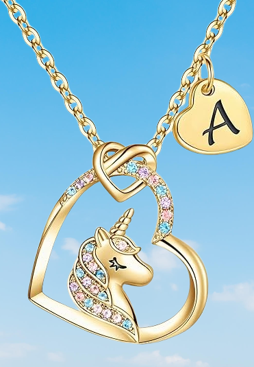 Unicorn Necklace with  Heart - Personalized Initial Jewelry for Girls, Adjustable Chain, Birthday Christmas Gifts.