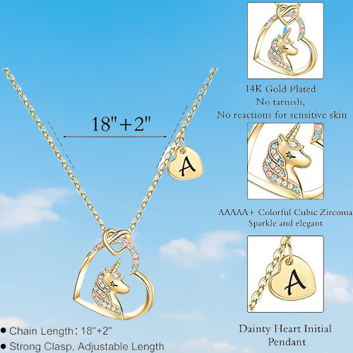Unicorn Necklace with  Heart - Personalized Initial Jewelry for Girls, Adjustable Chain, Birthday Christmas Gifts.