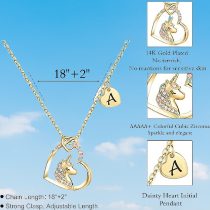 Unicorn Necklace with  Heart - Personalized Initial Jewelry for Girls, Adjustable Chain, Birthday Christmas Gifts.