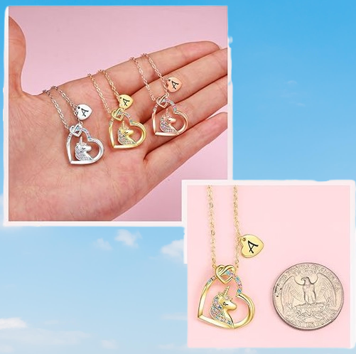 Unicorn Necklace with  Heart - Personalized Initial Jewelry for Girls, Adjustable Chain, Birthday Christmas Gifts.
