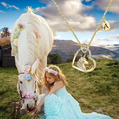 Unicorn Necklace with  Heart - Personalized Initial Jewelry for Girls, Adjustable Chain, Birthday Christmas Gifts.