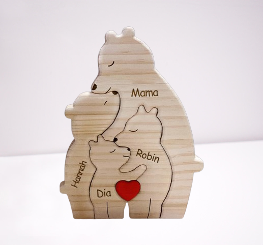 Custom Wooden Bear Family Puzzle - Personalized Mother's Day Gift for Single Parent Homes - Hand-Carved Animal Decor
