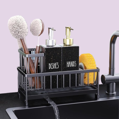 Elegant Kitchen Soap Dispenser Set with Sink Caddy - 12oz Glass Bottle, Sponge Holder & Black Stainless Steel Design | Perfect Countertop Organizer"