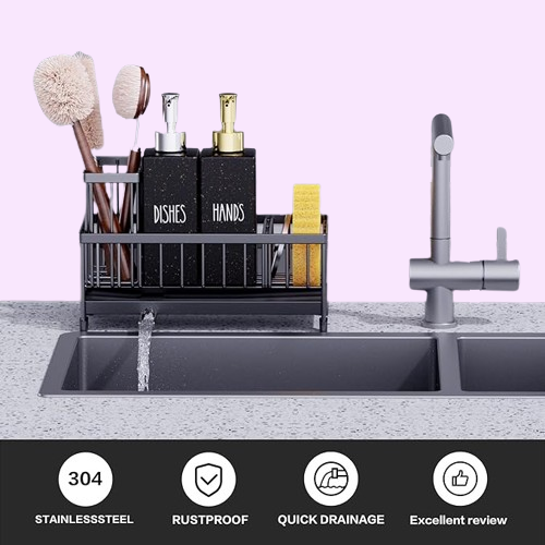 Elegant Kitchen Soap Dispenser Set with Sink Caddy - 12oz Glass Bottle, Sponge Holder & Black Stainless Steel Design | Perfect Countertop Organizer"