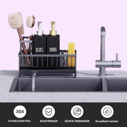 Elegant Kitchen Soap Dispenser Set with Sink Caddy - 12oz Glass Bottle, Sponge Holder & Black Stainless Steel Design | Perfect Countertop Organizer"