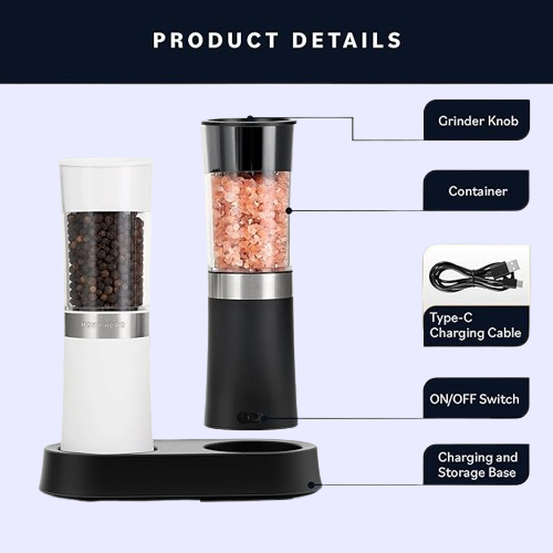 USB Rechargeable Electric Salt & Pepper Grinder Set - Adjustable Coarseness, LED Light & One-Hand Operation | 2-Pack Gravity Spice Mill