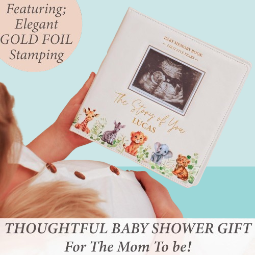 Custom Safari-Themed Baby Memory Book - Gender Neutral Faux Leather Keepsake with Gold Foil, First 5 Years Scrapbook & Photo Album, Perfect Baby Shower Gift for Boys & Girls