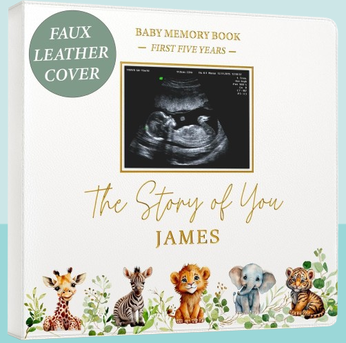 Custom Safari-Themed Baby Memory Book - Gender Neutral Faux Leather Keepsake with Gold Foil, First 5 Years Scrapbook & Photo Album, Perfect Baby Shower Gift for Boys & Girls