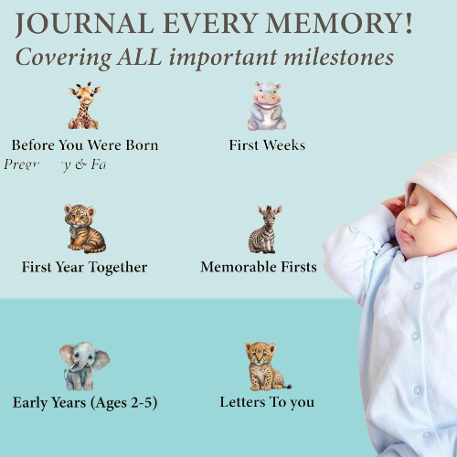 Custom Safari-Themed Baby Memory Book - Gender Neutral Faux Leather Keepsake with Gold Foil, First 5 Years Scrapbook & Photo Album, Perfect Baby Shower Gift for Boys & Girls