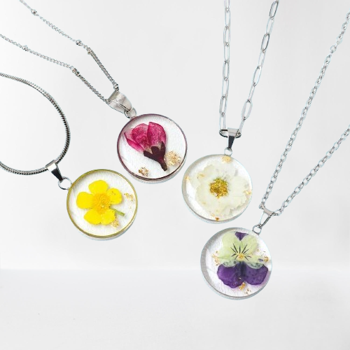 Dainty Floral Birthstone Necklace - Handmade Resin Pendant with Pressed Flowers, Birthday Keepsake
