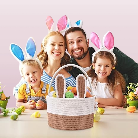Personalized Large Bunny Easter Basket for Kids - Woven Rope Easter Egg Basket with Handle, Custom Name Tags, Perfect Easter Gift for Babies, Toddlers, Boys & Girls