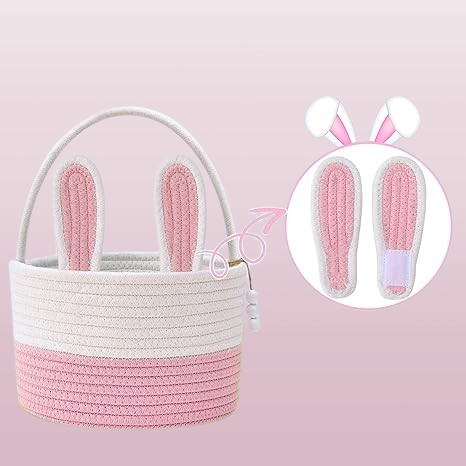 Personalized Large Bunny Easter Basket for Kids - Woven Rope Easter Egg Basket with Handle, Custom Name Tags, Perfect Easter Gift for Babies, Toddlers, Boys & Girls