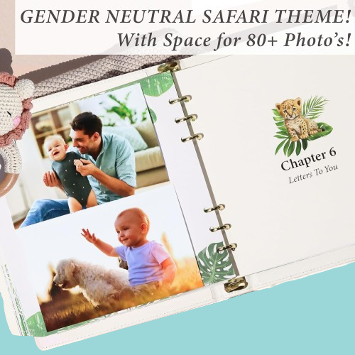 Custom Safari-Themed Baby Memory Book - Gender Neutral Faux Leather Keepsake with Gold Foil, First 5 Years Scrapbook & Photo Album, Perfect Baby Shower Gift for Boys & Girls