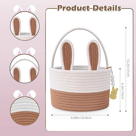 Personalized Large Bunny Easter Basket for Kids - Woven Rope Easter Egg Basket with Handle, Custom Name Tags, Perfect Easter Gift for Babies, Toddlers, Boys & Girls