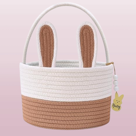 Personalized Large Bunny Easter Basket for Kids - Woven Rope Easter Egg Basket with Handle, Custom Name Tags, Perfect Easter Gift for Babies, Toddlers, Boys & Girls