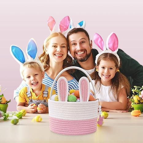 Personalized Large Bunny Easter Basket for Kids - Woven Rope Easter Egg Basket with Handle, Custom Name Tags, Perfect Easter Gift for Babies, Toddlers, Boys & Girls