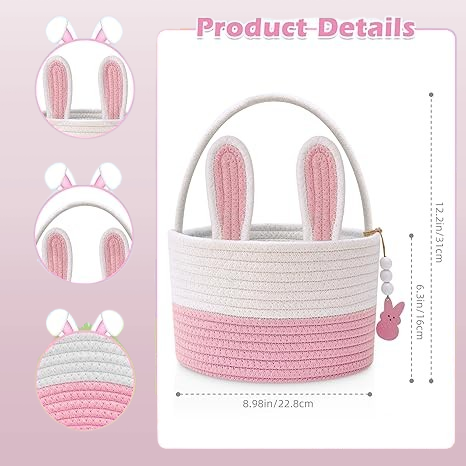Personalized Large Bunny Easter Basket for Kids - Woven Rope Easter Egg Basket with Handle, Custom Name Tags, Perfect Easter Gift for Babies, Toddlers, Boys & Girls
