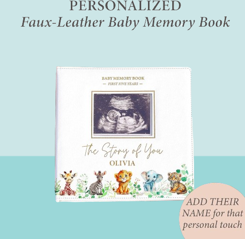 Custom Safari-Themed Baby Memory Book - Gender Neutral Faux Leather Keepsake with Gold Foil, First 5 Years Scrapbook & Photo Album, Perfect Baby Shower Gift for Boys & Girls