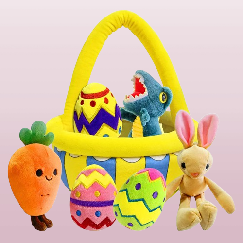 Easter Bunny Plush Basket with Colorful Eggs - Adorable Stuffed Animal Toy Set, Creative Easter Gift for Kids and Decor