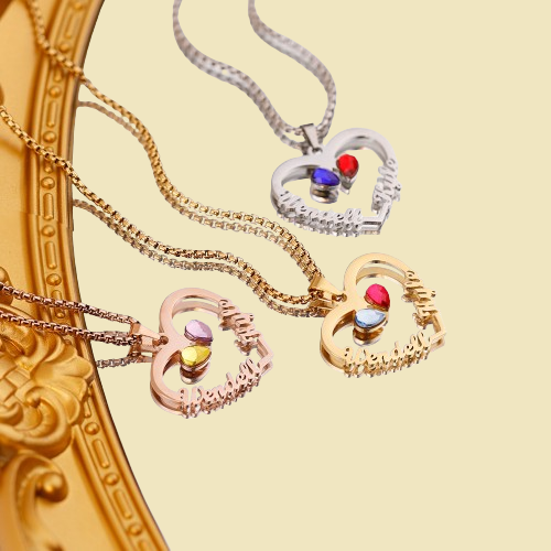 Custom Birthstone Necklace for Women - Personalized Stainless Steel Na