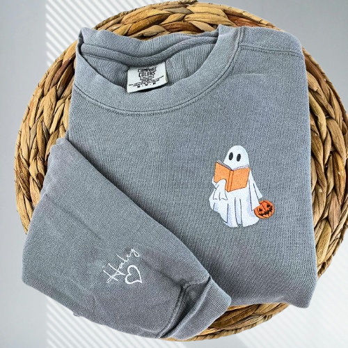 Ghost Embroidered Halloween Shirt – Book Lover’s Comfort Color Tee