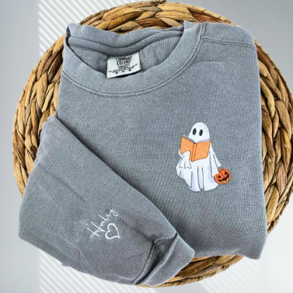 Ghost Embroidered Halloween Shirt – Book Lover’s Comfort Color Tee