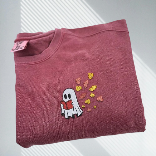 Ghost Embroidered Halloween Shirt – Book Lover’s Comfort Color Tee