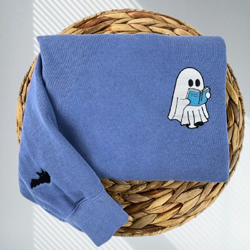 Ghost Embroidered Halloween Shirt – Book Lover’s Comfort Color Tee
