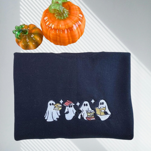 Ghost Embroidered Halloween Shirt – Book Lover’s Comfort Color Tee
