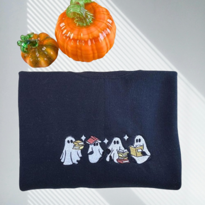 Ghost Embroidered Halloween Shirt – Book Lover’s Comfort Color Tee