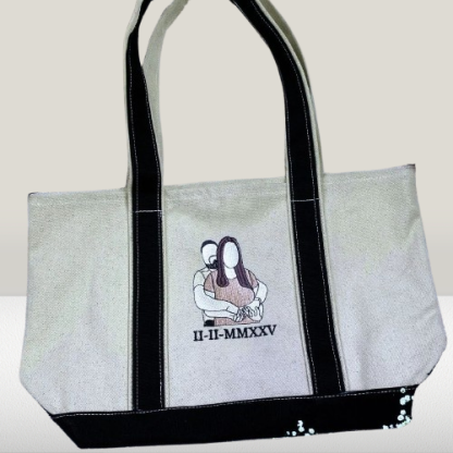 Couple’s Photo Tote Bag – Personalized Embroidered Portrait Gift