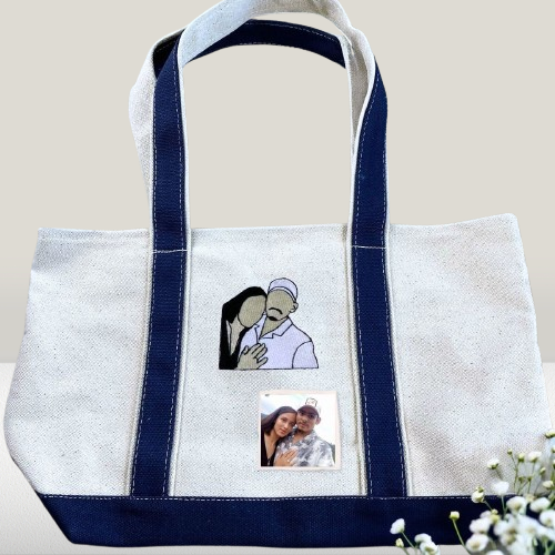Couple’s Photo Tote Bag – Personalized Embroidered Portrait Gift