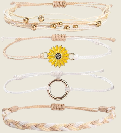Sunflower Boho Bracelet - Handmade Braided Rope Charm Bracelet for Women, Surfer Style Gift Idea