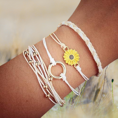 Sunflower Boho Bracelet - Handmade Braided Rope Charm Bracelet for Women, Surfer Style Gift Idea