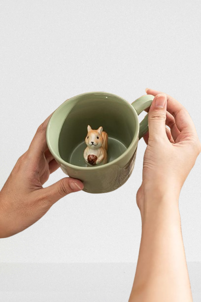 Squirrel Ceramic Mug with 3D Animal Figurine - Cute Handmade Cartoon Cup, 12 oz, Light Green, Perfect Holiday or Birthday Gift