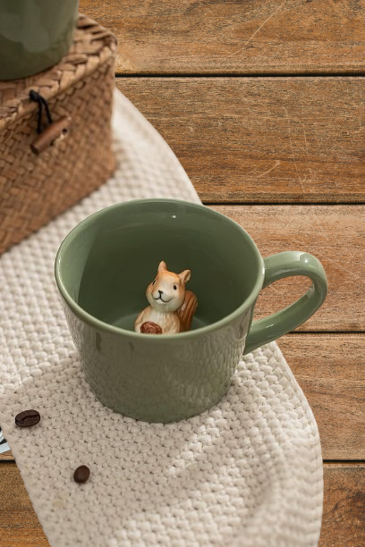 Squirrel Ceramic Mug with 3D Animal Figurine - Cute Handmade Cartoon Cup, 12 oz, Light Green, Perfect Holiday or Birthday Gift