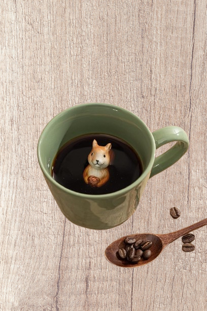 Squirrel Ceramic Mug with 3D Animal Figurine - Cute Handmade Cartoon Cup, 12 oz, Light Green, Perfect Holiday or Birthday Gift