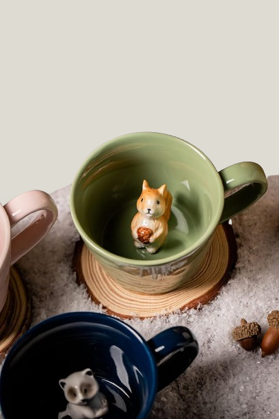 Squirrel Ceramic Mug with 3D Animal Figurine - Cute Handmade Cartoon Cup, 12 oz, Light Green, Perfect Holiday or Birthday Gift