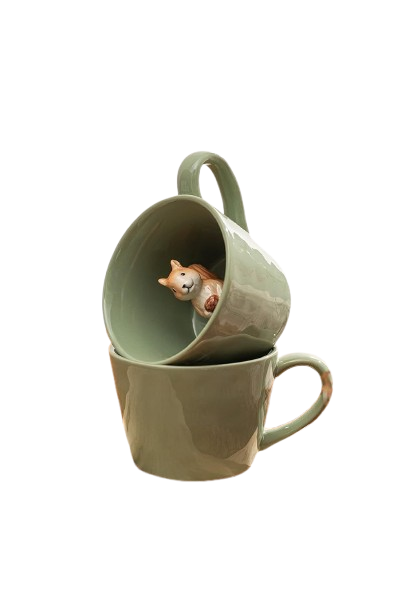 Squirrel Ceramic Mug with 3D Animal Figurine - Cute Handmade Cartoon Cup, 12 oz, Light Green, Perfect Holiday or Birthday Gift