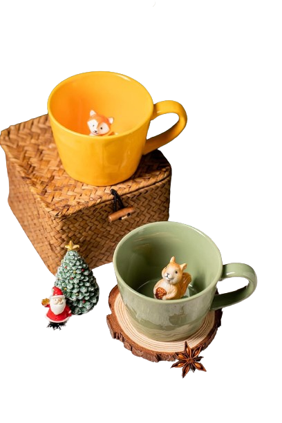 Squirrel Ceramic Mug with 3D Animal Figurine - Cute Handmade Cartoon Cup, 12 oz, Light Green, Perfect Holiday or Birthday Gift