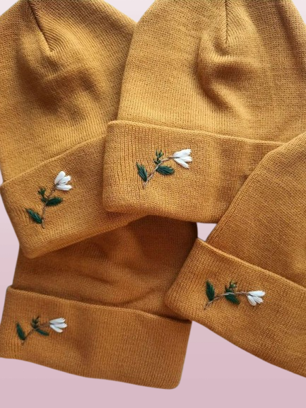Cream Flower Embroidered Beanie - Personalized Winter Hat for Her