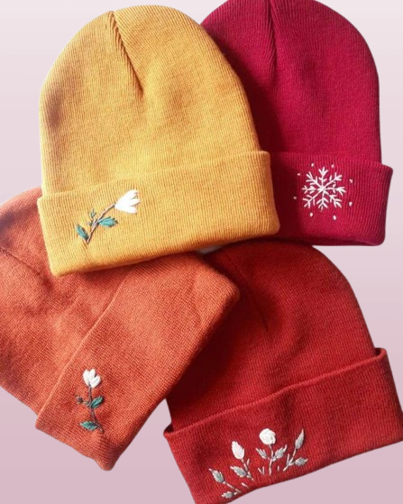 Cream Flower Embroidered Beanie - Personalized Winter Hat for Her