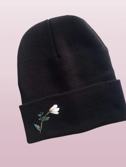 Cream Flower Embroidered Beanie - Personalized Winter Hat for Her