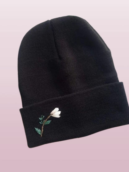 Cream Flower Embroidered Beanie - Personalized Winter Hat for Her