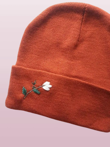 Cream Flower Embroidered Beanie - Personalized Winter Hat for Her