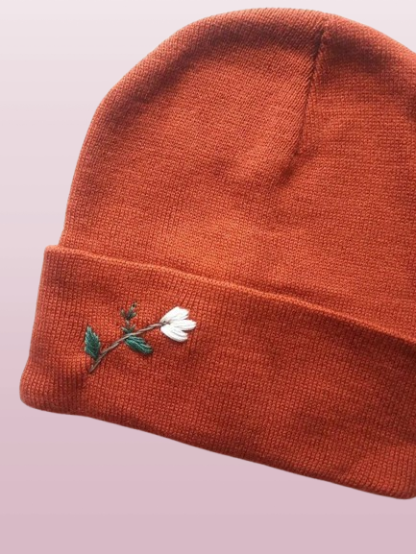 Cream Flower Embroidered Beanie - Personalized Winter Hat for Her