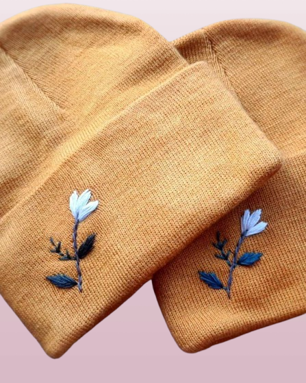 Cream Flower Embroidered Beanie - Personalized Winter Hat for Her