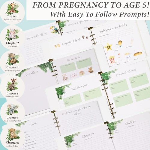 Custom Safari-Themed Baby Memory Book - Gender Neutral Faux Leather Keepsake with Gold Foil, First 5 Years Scrapbook & Photo Album, Perfect Baby Shower Gift for Boys & Girls
