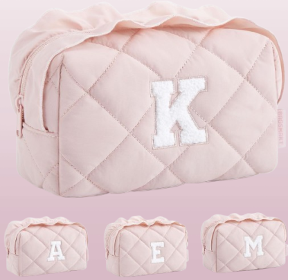 Personalized Initial Makeup Bag by BAGSMART - Small Travel Cosmetic Pouch for Women, Pink Puffy Makeup Organizer, Perfect for Toiletries, Brushes, and Travel Essentials 