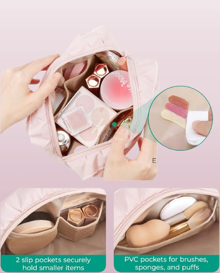 Personalized Initial Makeup Bag by BAGSMART - Small Travel Cosmetic Pouch for Women, Pink Puffy Makeup Organizer, Perfect for Toiletries, Brushes, and Travel Essentials 